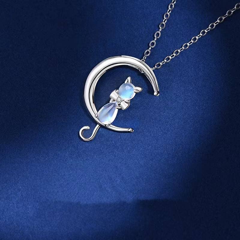 Dainty Cute Moon Cat Charm Necklace in 925 Sterling Silver