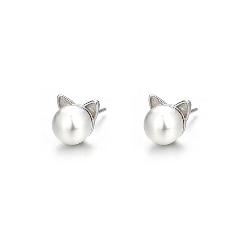 Dainty Cute Cat Pearl Stud Earrings in 925 Sterling Silver: Rose gold