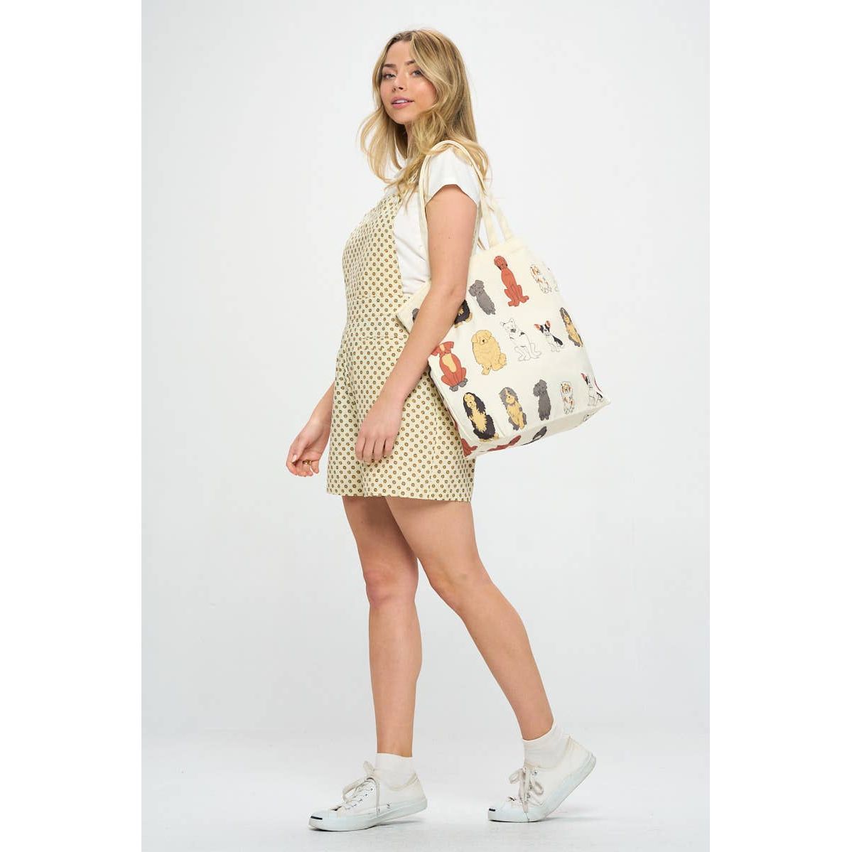 Adorable Dog Print Large Tote Bag With Zipper