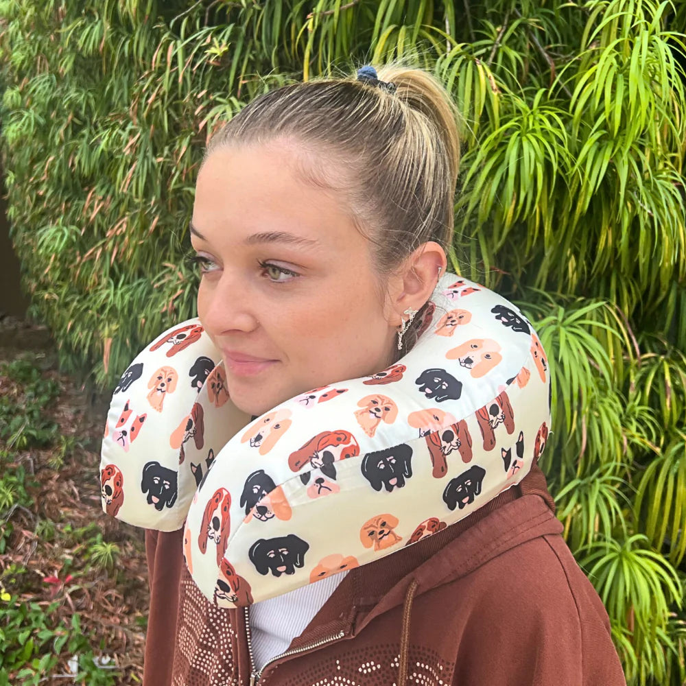 Satin Memory Foam Neck Pillow - Dog Print