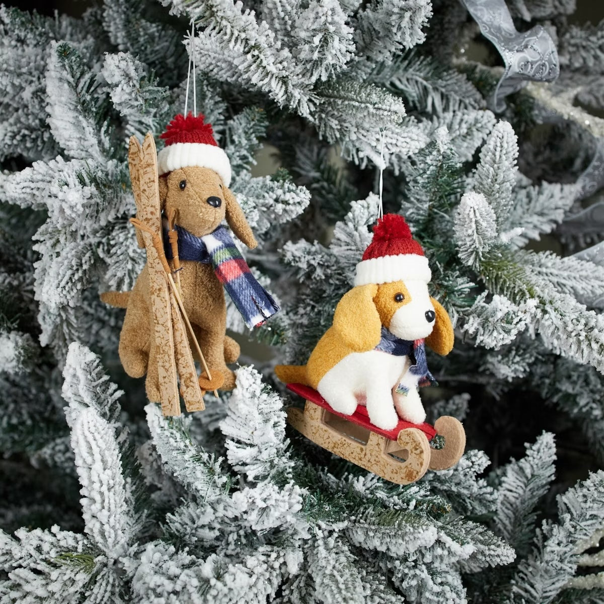 Plush Dogs Sled and Skis - Set of 2 Ornaments