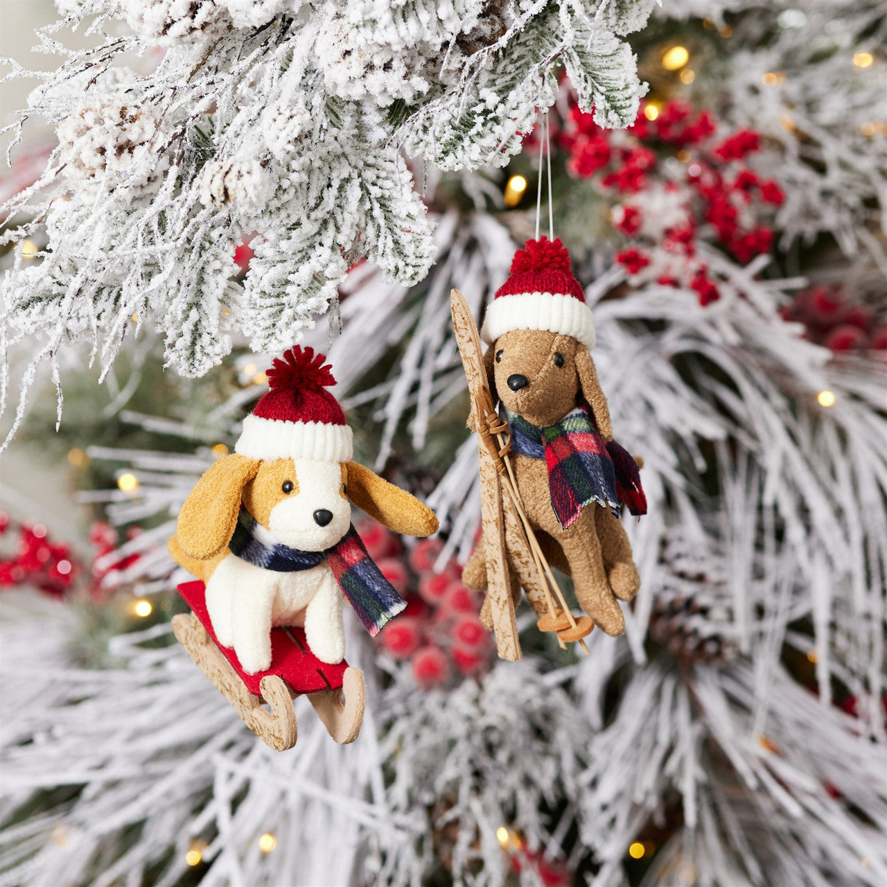 Plush Dogs Sled and Skis - Set of 2 Ornaments