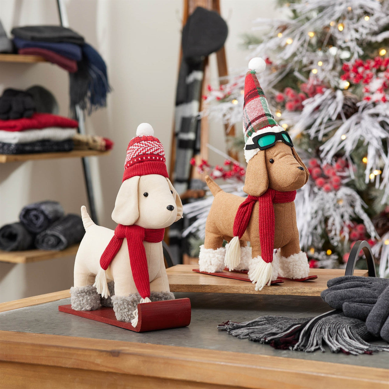 Plush Dogs on Sled and Skis (Set of 2)