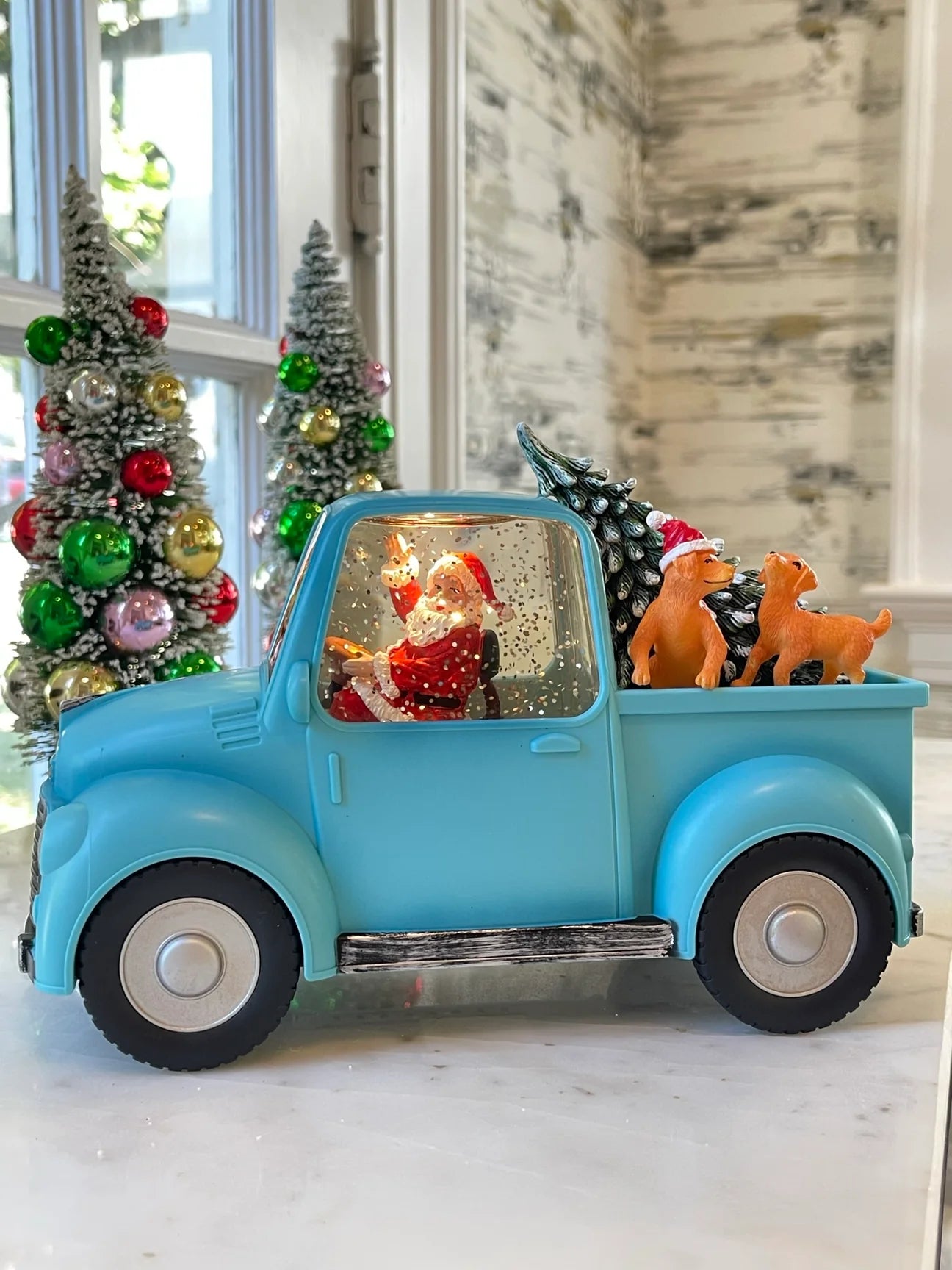 Santa in Blue Truck With Dogs Water Lantern