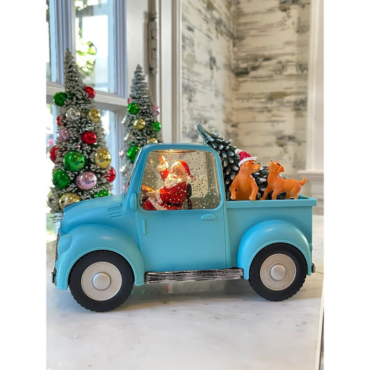Santa in Blue Truck With Dogs Water Lantern