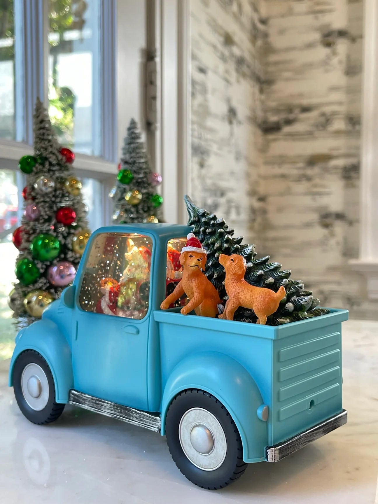 Santa in Blue Truck With Dogs Water Lantern