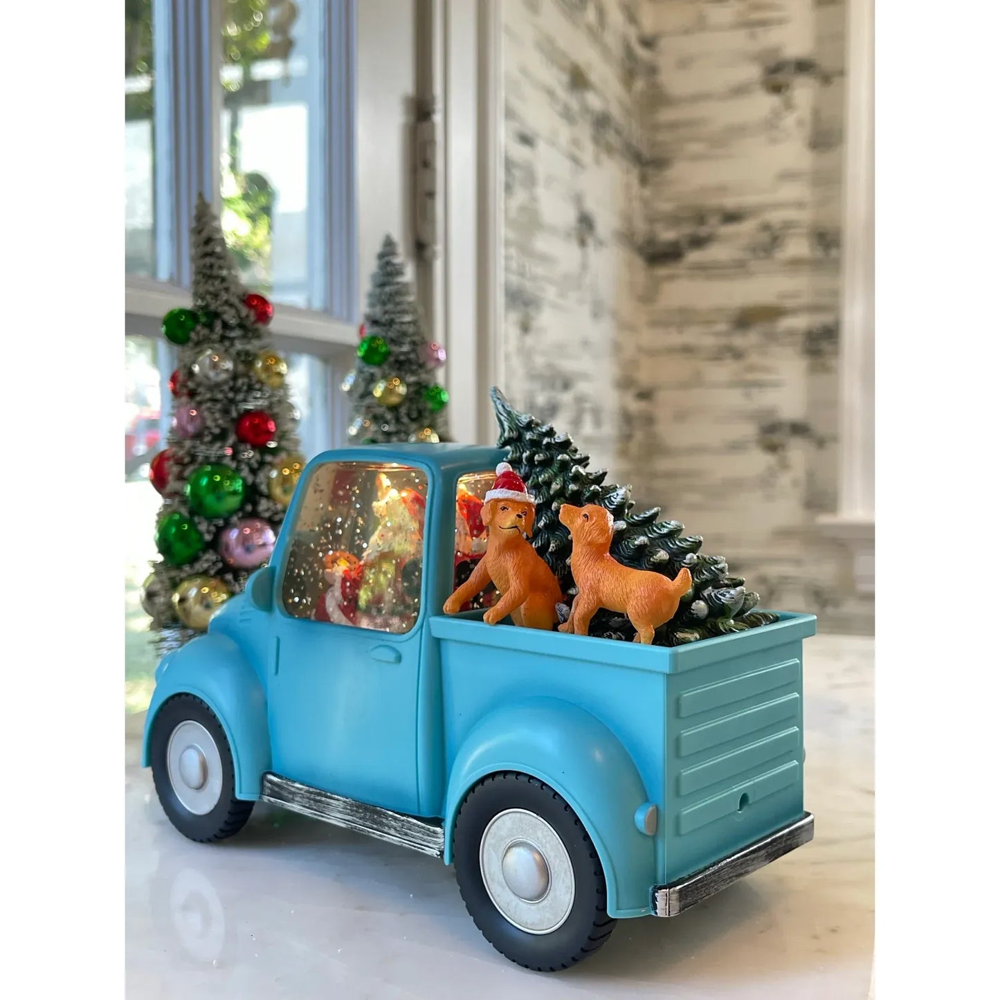 Santa in Blue Truck With Dogs Water Lantern