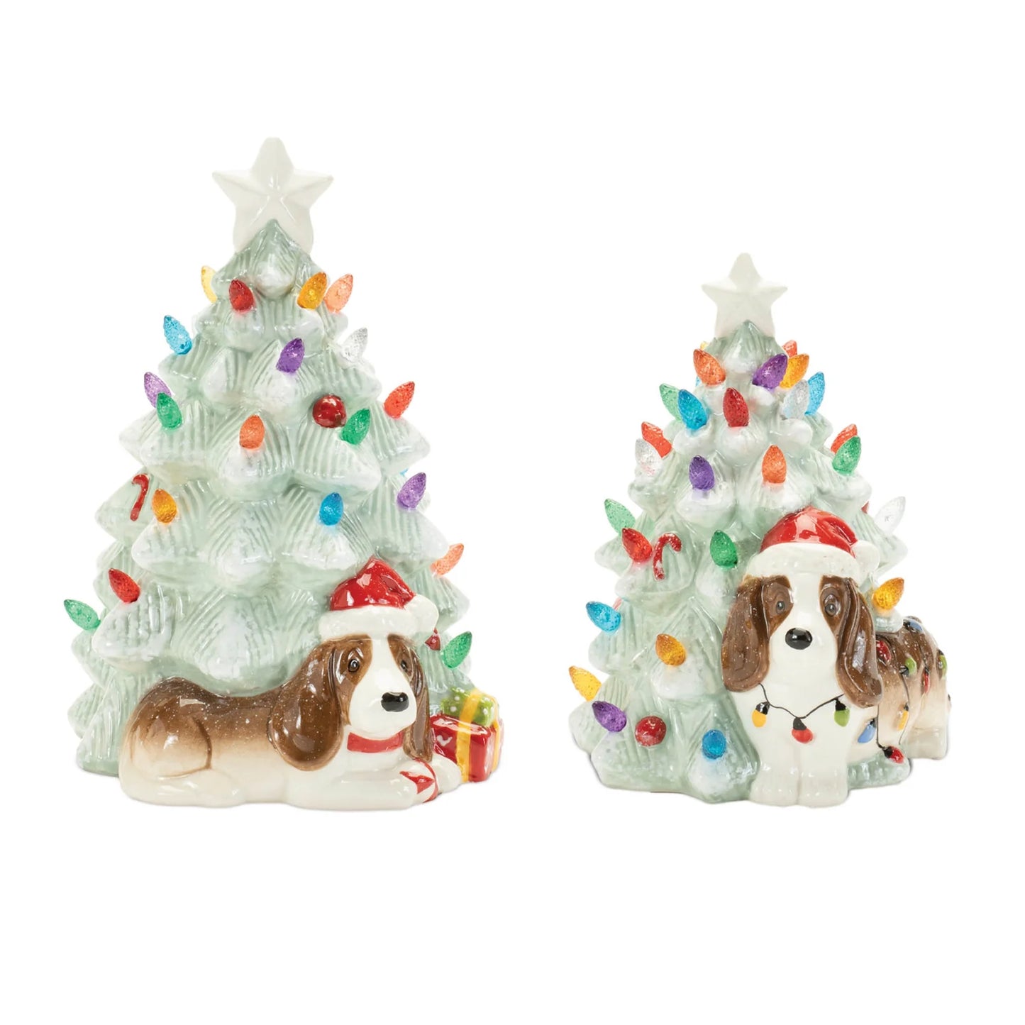 Ceramic Light Up Trees With Dogs - Set of 2