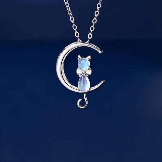 Dainty Cute Moon Cat Charm Necklace in 925 Sterling Silver