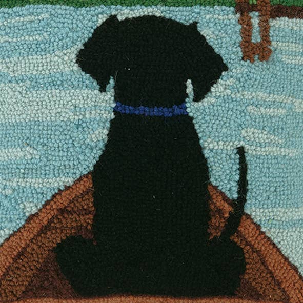 Black Lab In Canoe Wool Hooked Pillow