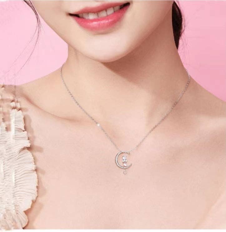 Dainty Cute Moon Cat Charm Necklace in 925 Sterling Silver