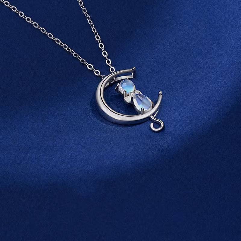 Dainty Cute Moon Cat Charm Necklace in 925 Sterling Silver