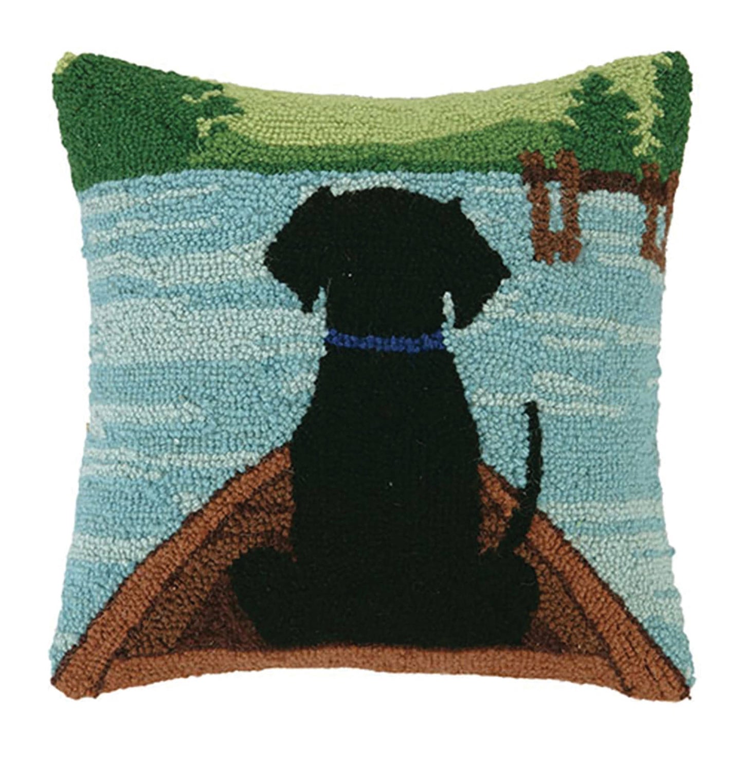 Black Lab In Canoe Wool Hooked Pillow