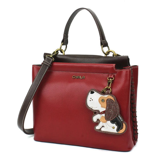 Chala Charming Satchel Purse in Burgundy with Dog Fob