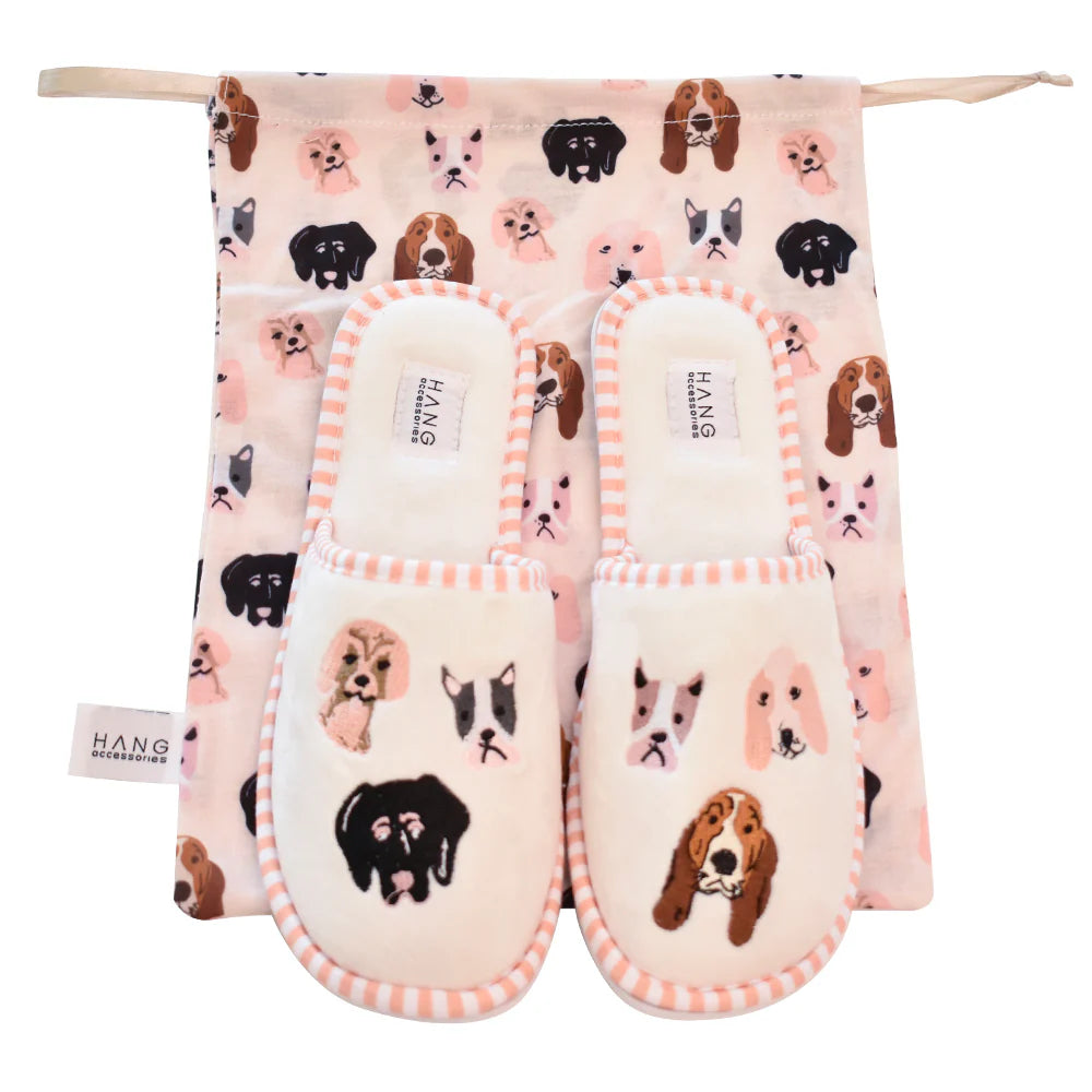 Foldable Travel Slippers with Drawstring Bag - Dog Print