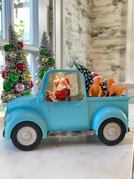 Santa in Blue Truck With Dogs Water Lantern