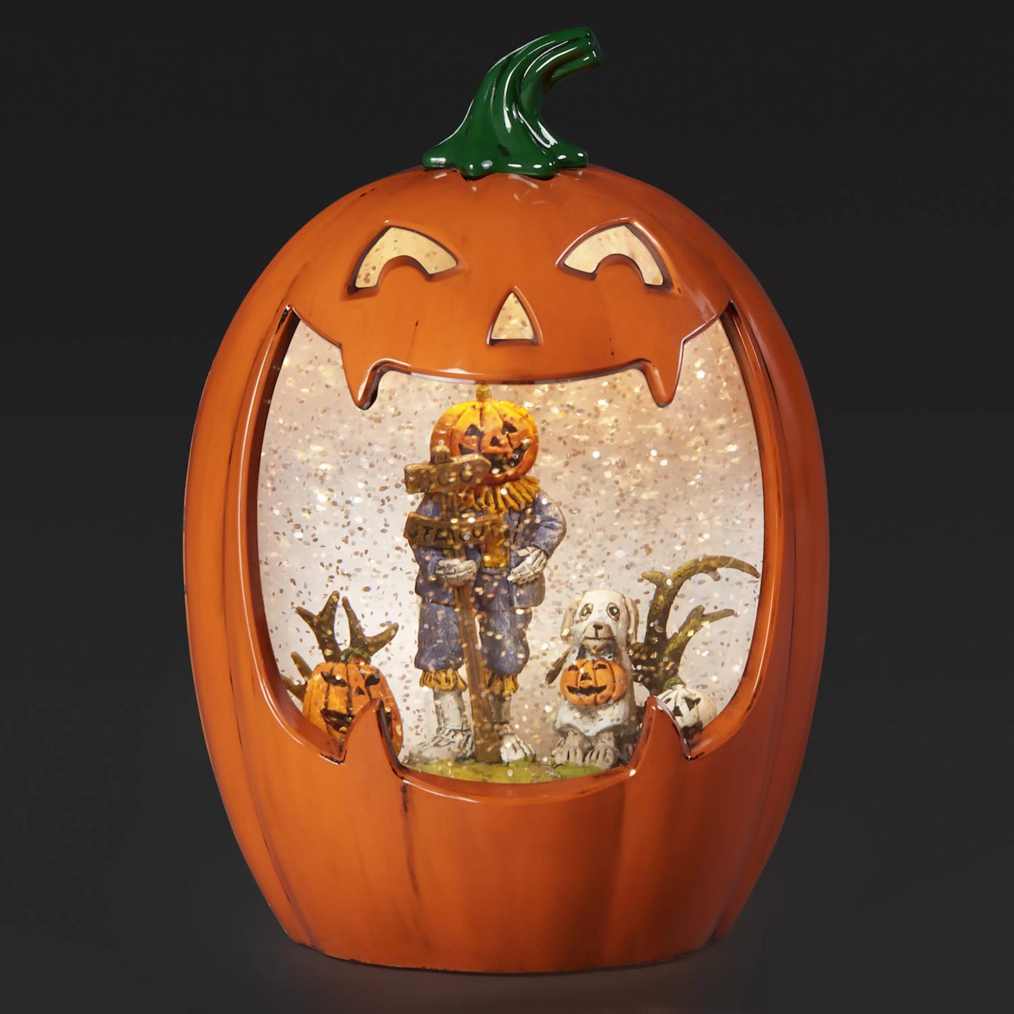 Light-Up Scarecrow & Puppy Scene Halloween Jack-O-Lantern Glitter Globe