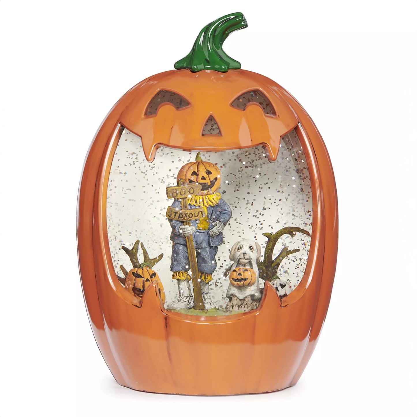 Light-Up Scarecrow & Puppy Scene Halloween Jack-O-Lantern Glitter Globe