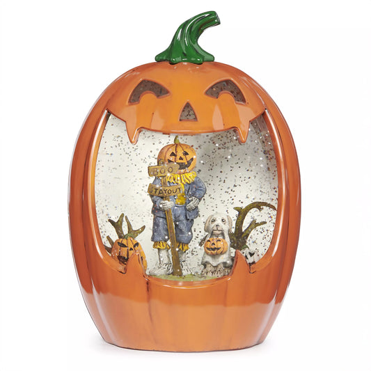 Light-Up Scarecrow & Puppy Scene Halloween Jack-O-Lantern Glitter Globe